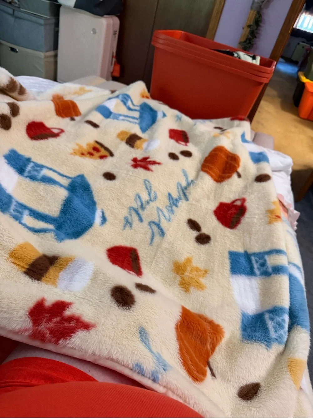 Cozy Fall Print Plush Throw Blanket - Cream with Blue & Autumn Motifs